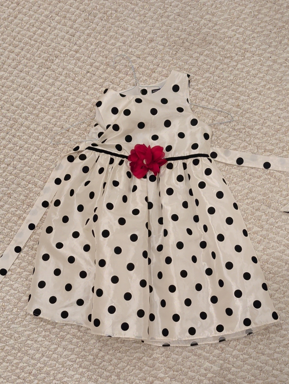 George White & Black Polka Dot Dress with Pink Flower